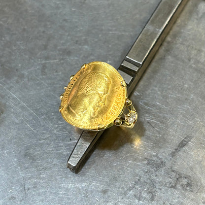 Bague Pièce - Or Jaune 750 Pièce 10 Francs Napoléon & Diamants