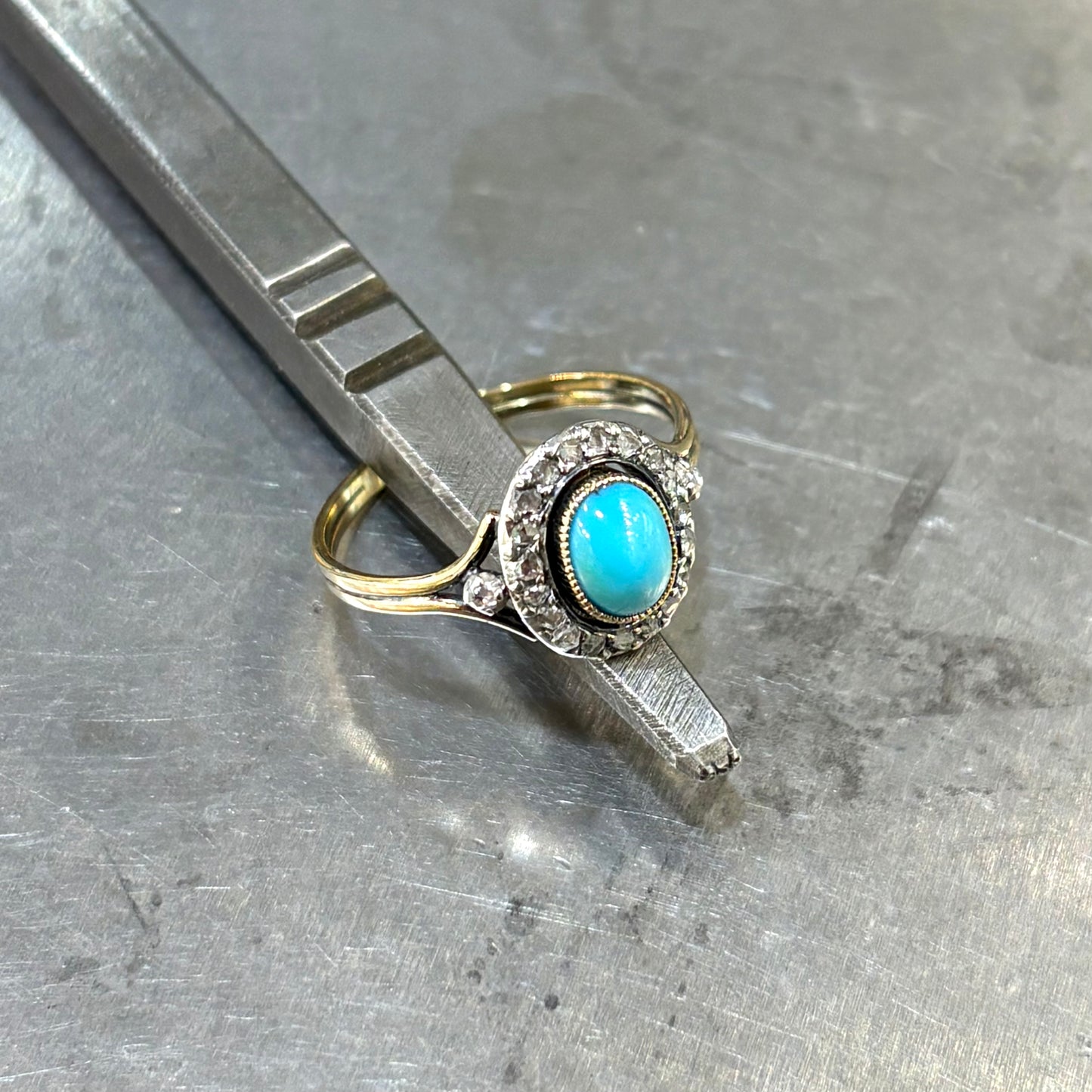 Bague Vintage - Or Jaune 750 Turquoise & Diamants