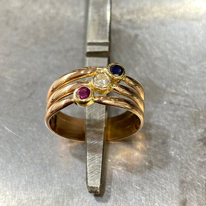 Bague Tricolore - Or Jaune 750 Rubis Diamant & Saphir