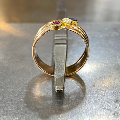 Bague Tricolore - Or Jaune 750 Rubis Diamant & Saphir