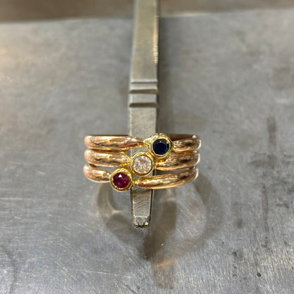 Bague Tricolore - Or Jaune 750 Rubis Diamant & Saphir