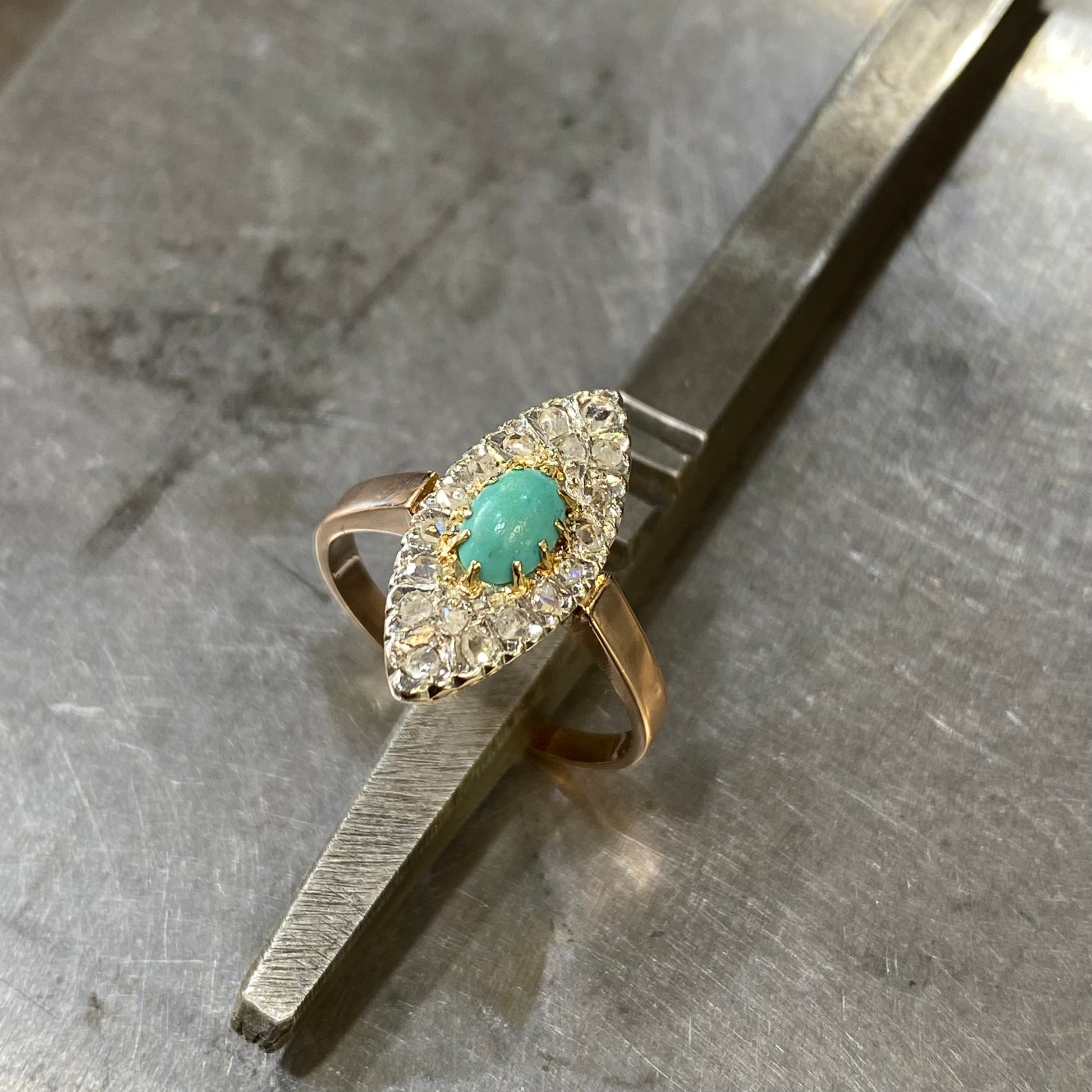 Bague Marquise Art Déco - Or 750 Turquoise & Diamants Occasion