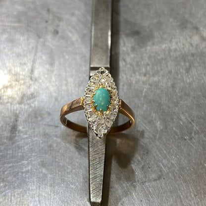 Bague Marquise Art Déco - Or 750 Turquoise & Diamants Occasion