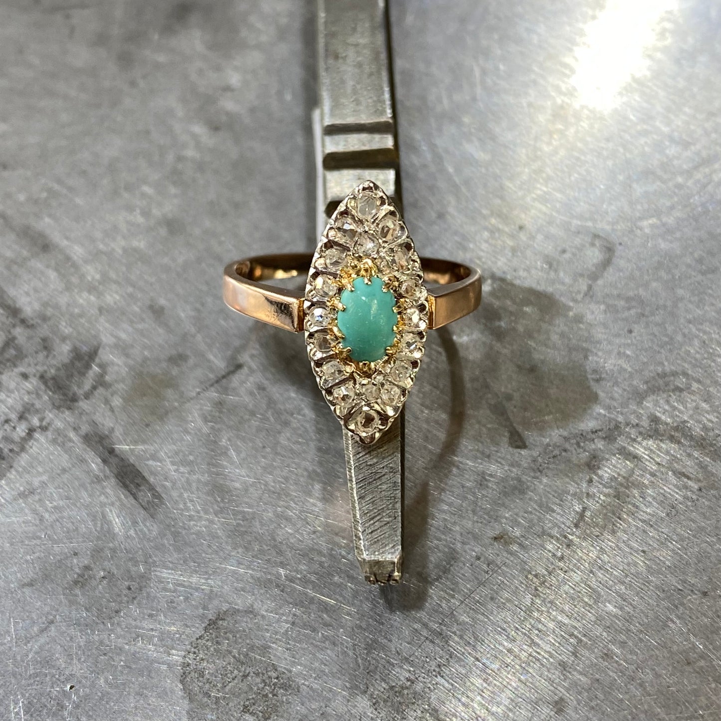 Bague Marquise Art Déco - Or 750 Turquoise & Diamants