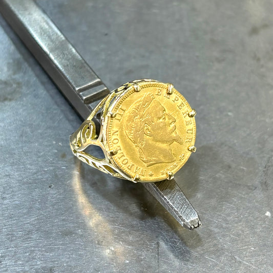 Bague Chevalière Pièce - Or Jaune 750 & Pièce Or 5 Francs Napoléon
