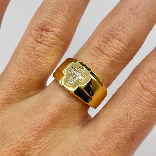 Cross Signet Ring - 750 Yellow Gold &amp; Diamonds