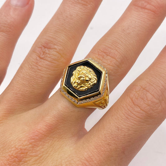 Bague Chevalière Lion - Or Jaune 750 Onyx & Zircon