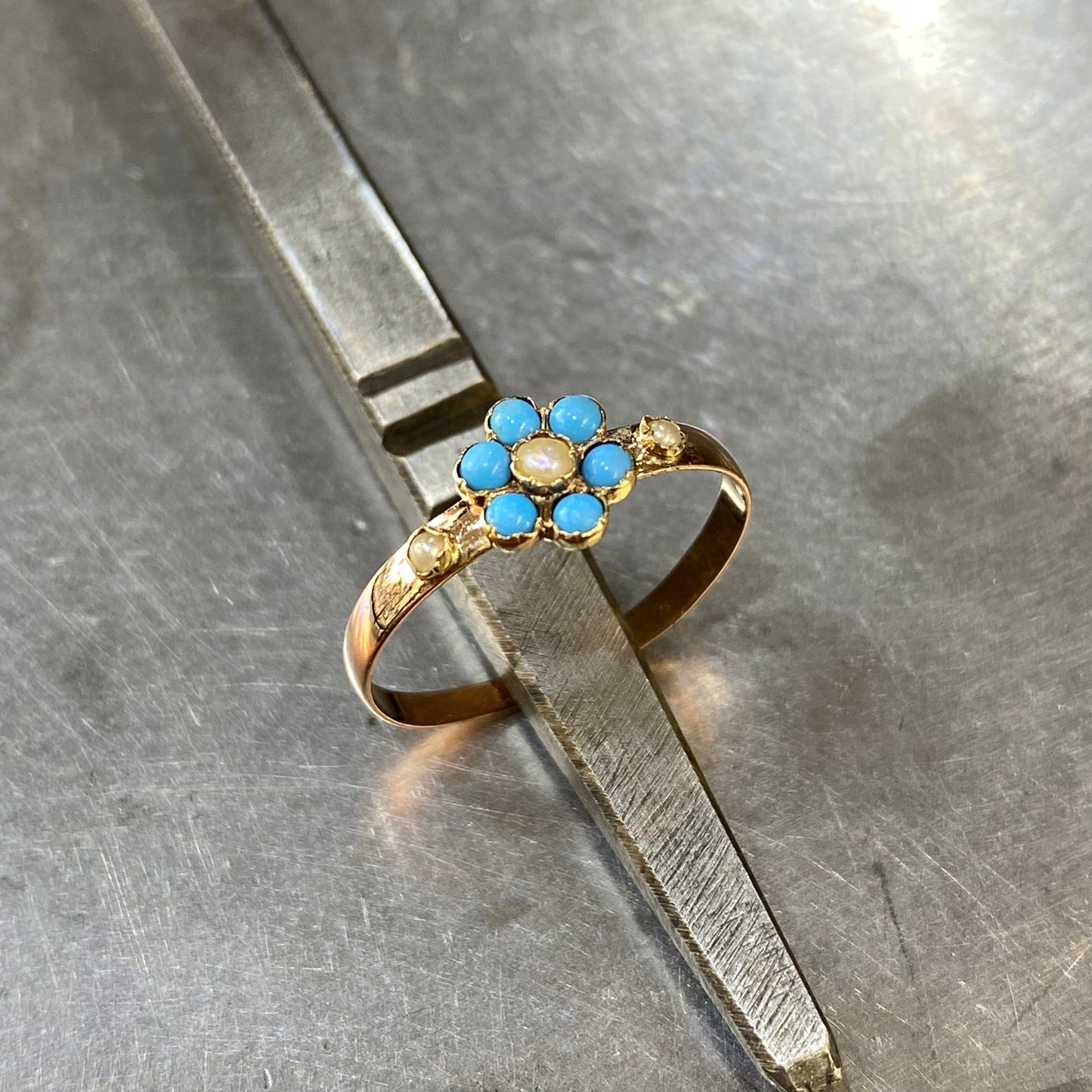 Bague Floral - Or Jaune 750 Perles & Turquoises