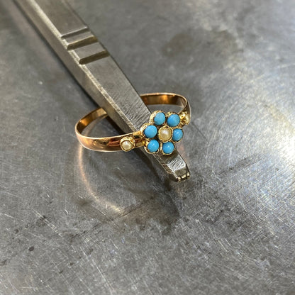 Bague Floral - Or Jaune 750 Perles & Turquoises