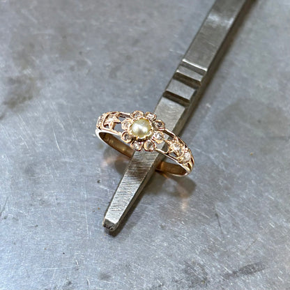 Bague Vintage - Or Rose 750 Perle Naturelle & Diamants
