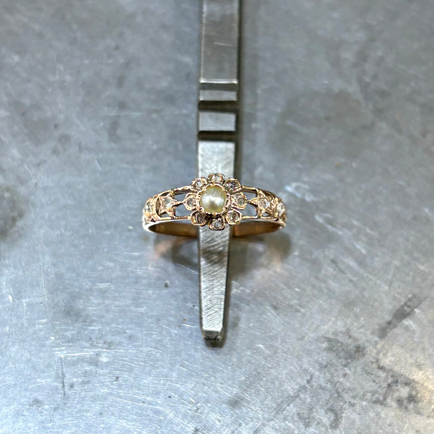 Bague Vintage - Or Rose 750 Perle Naturelle & Diamants