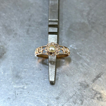 Bague Vintage - Or Rose 750 Perle Naturelle & Diamants