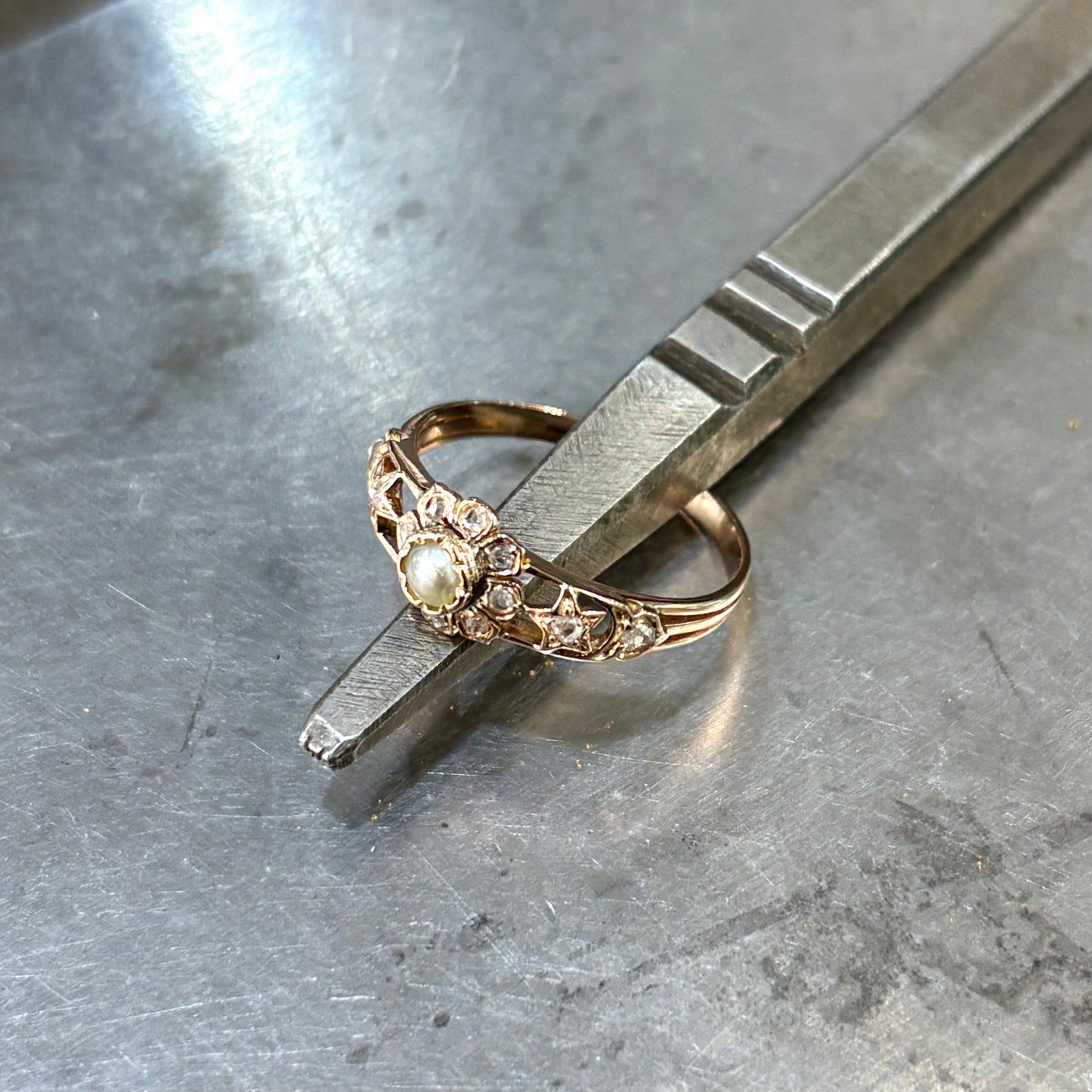 Bague Vintage - Or Rose 750 Perle Naturelle & Diamants