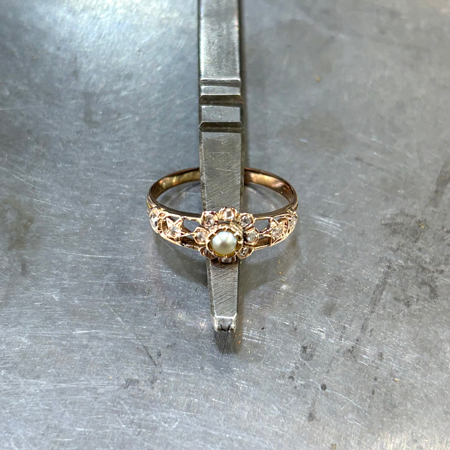 Bague Vintage - Or Rose 750 Perle Naturelle & Diamants