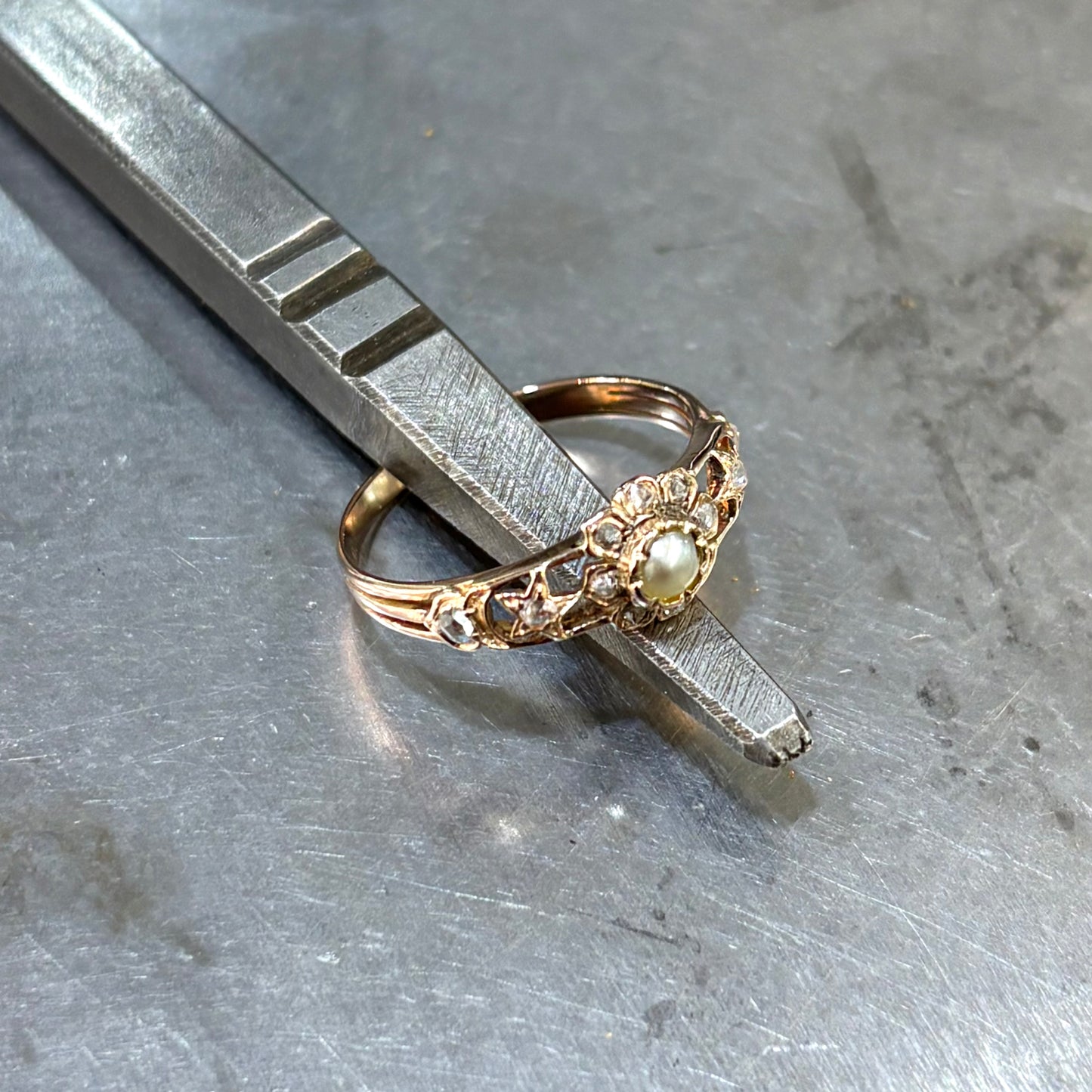 Bague Vintage - Or Rose 750 Perle Naturelle & Diamants