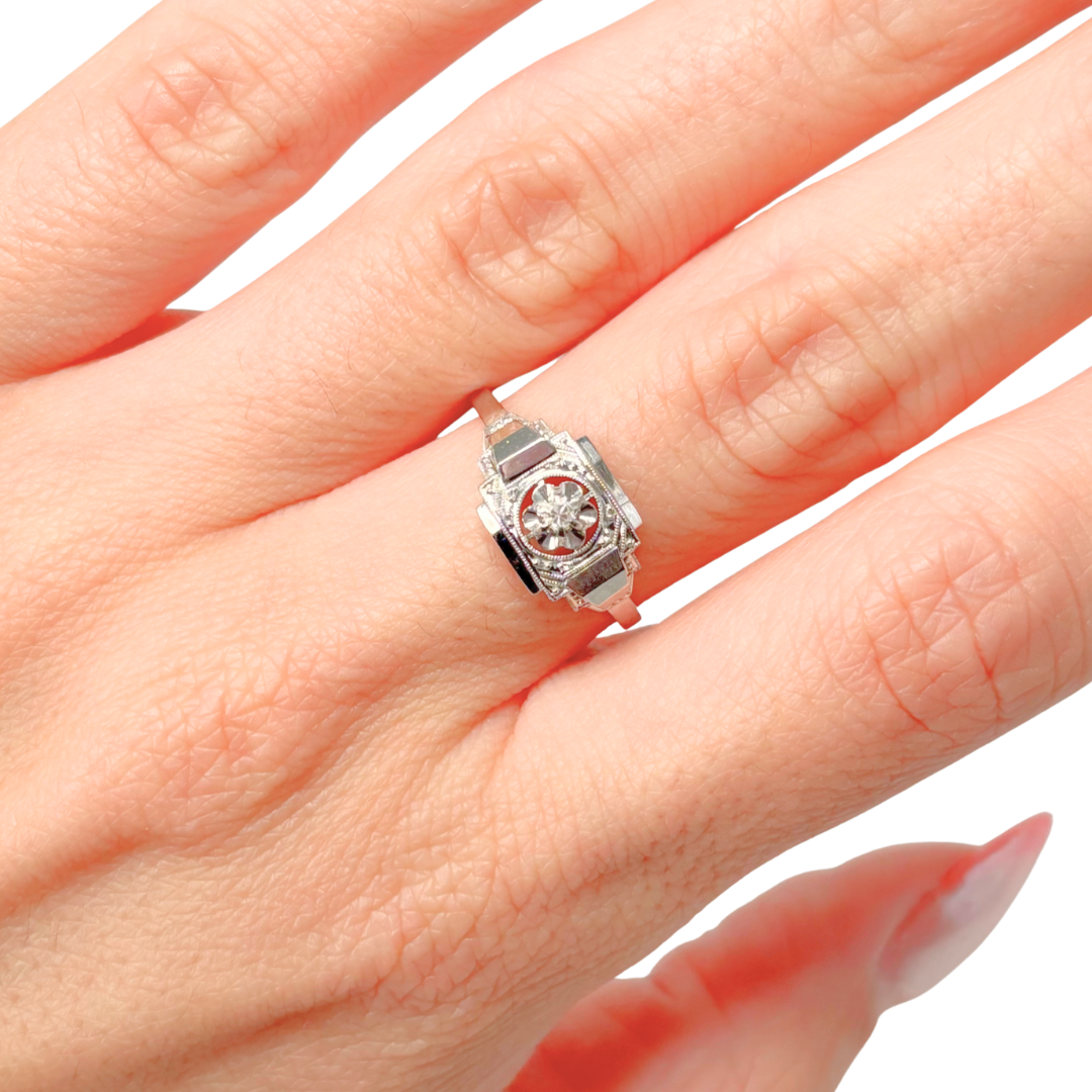 Bague Tank Vintage Art Déco - Or Blanc 750 & Diamant