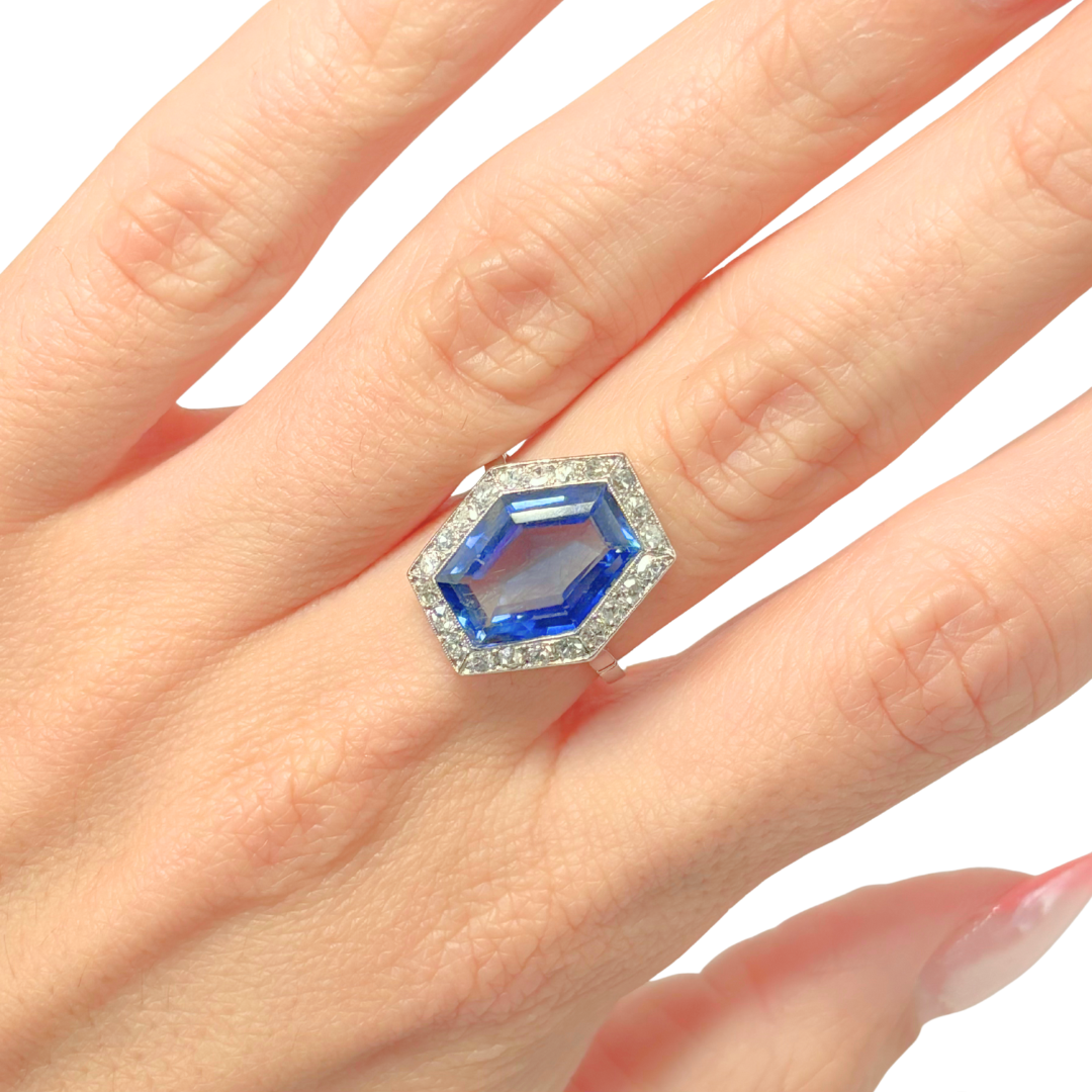 Bague Vintage Art Déco - Platine 950 Diamants & Saphir de Verneuil