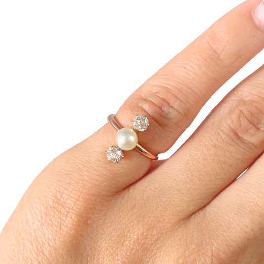 Bague Vintage - Or Jaune 750 Perle Naturelle & Diamants