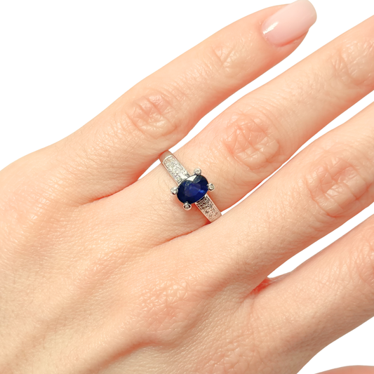 Bague Solitaire - Or Blanc 750 Saphir & Diamants