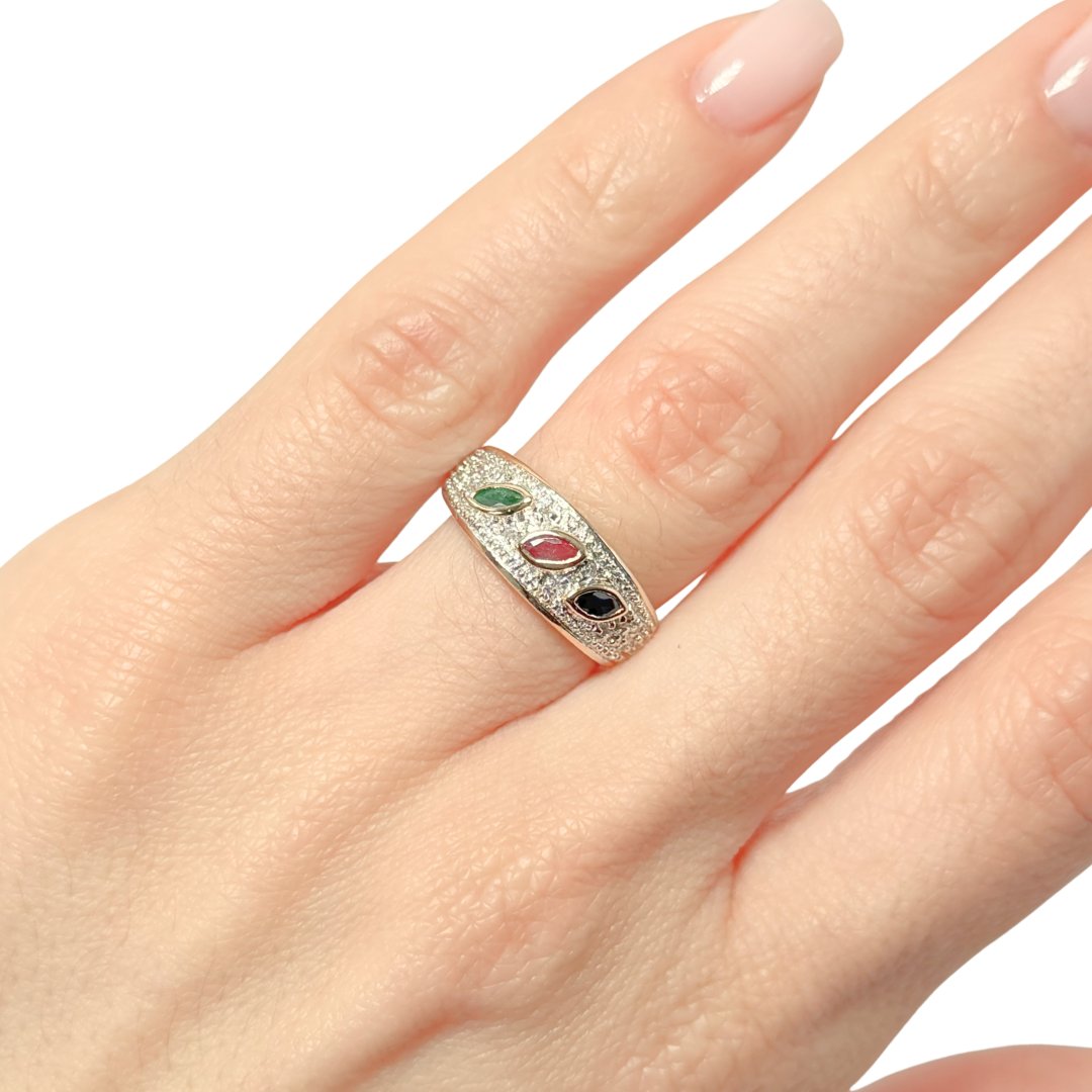 Bague Jonc - Or Jaune 750 Saphir, Émeraude & Rubis