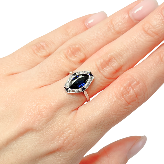 Bague Vintage Art Déco - Or Blanc 750 Saphir de Verneuil & Diamants