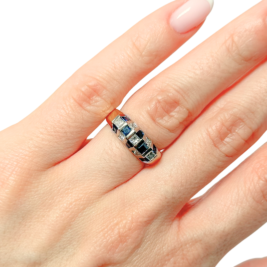 Bague Damier - Or Jaune 750 Saphirs & Diamants