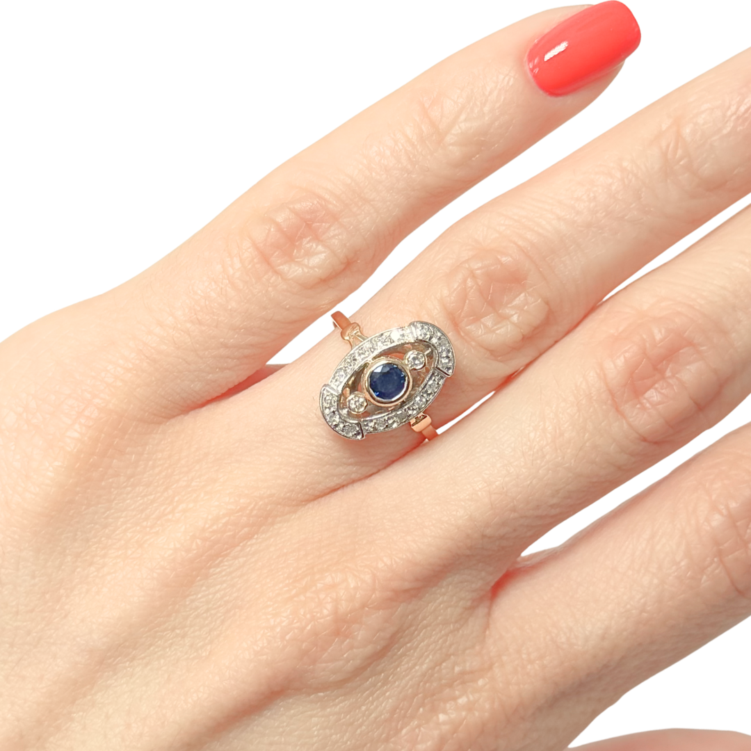Bague Vintage Art Déco - Or Jaune 750 Saphir & Diamants