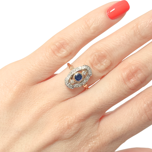 Bague Vintage Art Déco - Or Jaune 750 Saphir & Diamants