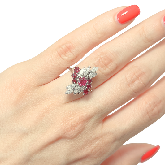 Bague Floral Vintage - Or Blanc 750 Rubis & Diamants