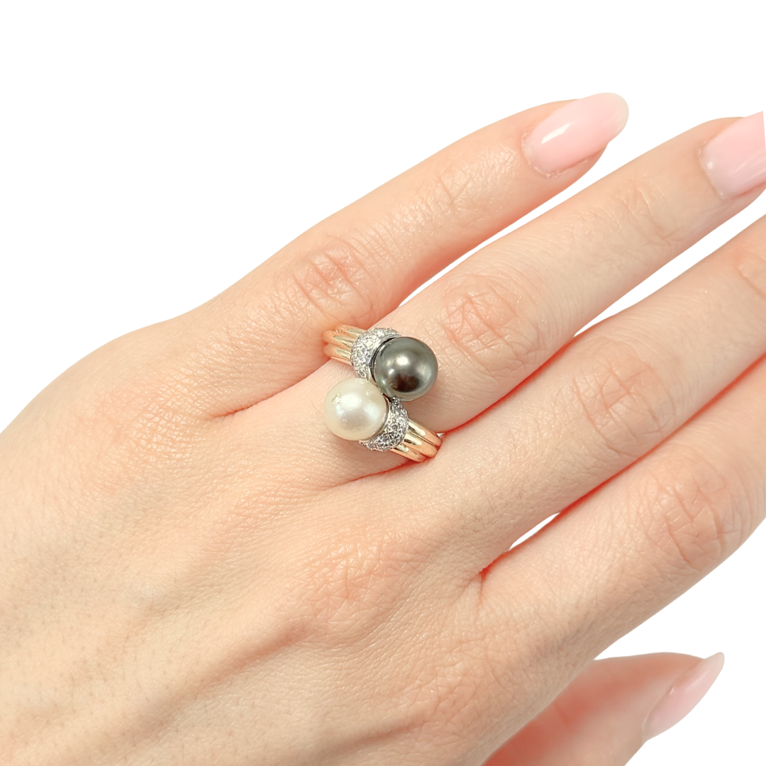 Bague Toi & Moi Vintage - Or Jaune 750 Perles & Diamants