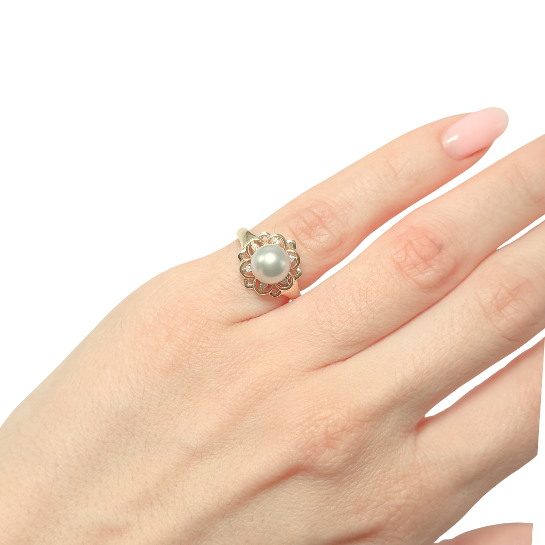 Bague Vintage Florale - Or Jaune 750 Perle & Diamants