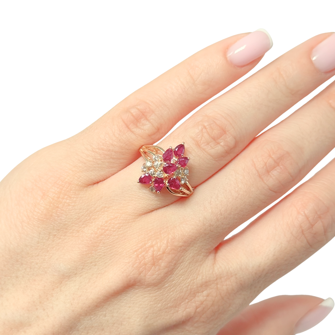 Bague Florale Vintage - Or Jaune 750 Rubis & Diamants