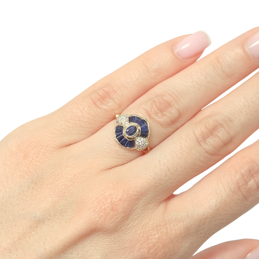 Bague Dôme Art Déco - Or Jaune 750 Saphir & Diamants