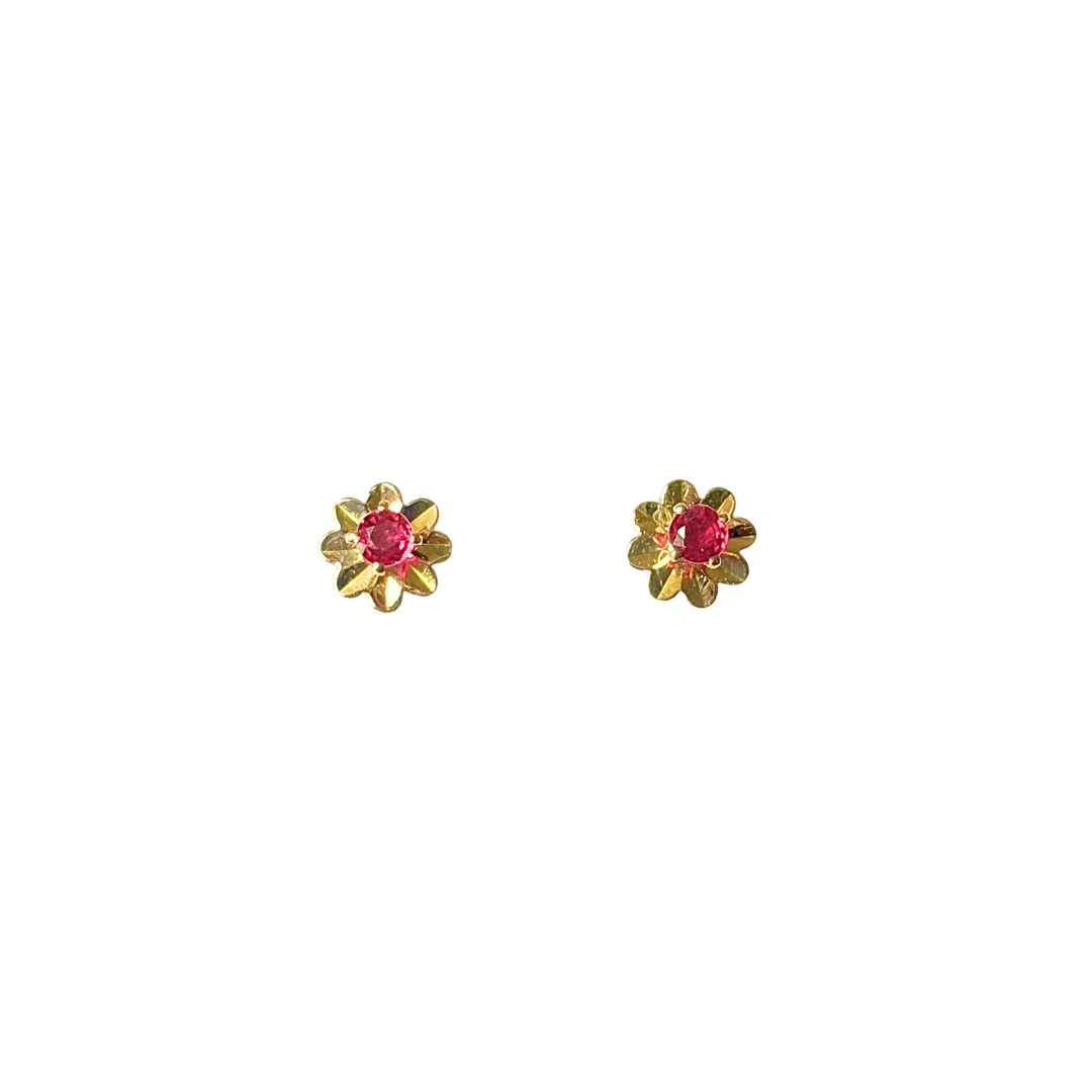 Boucles D'oreilles Puces Florale - Or Jaune 750 & Rubis