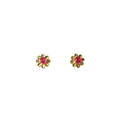 Boucles D'oreilles Puces Florale - Or Jaune 750 & Rubis
