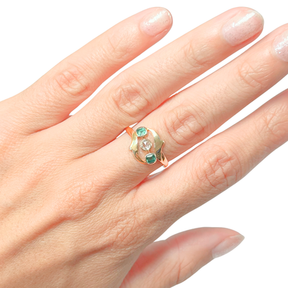 Bague Vintage - Or Jaune 750 Émeraudes & Diamant