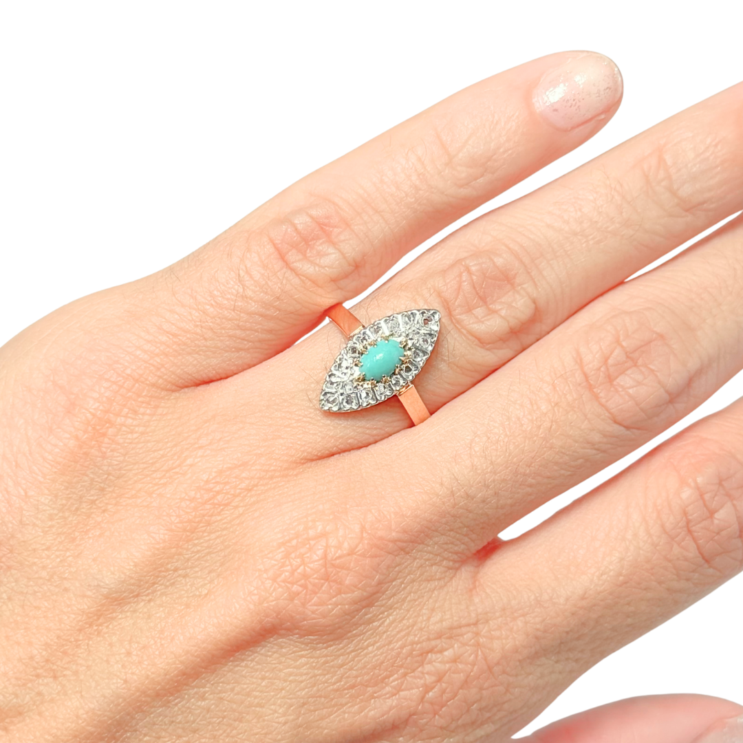 Bague Marquise Art Déco - Or Jaune 750 Turquoise & Diamants