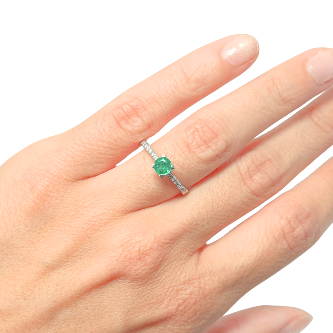 Bague Solitaire - Or Blanc 750 Émeraude & Diamants