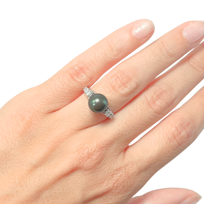 Bague Vintage - Or Blanc 750 Perle Naturelle Tahiti & Diamants