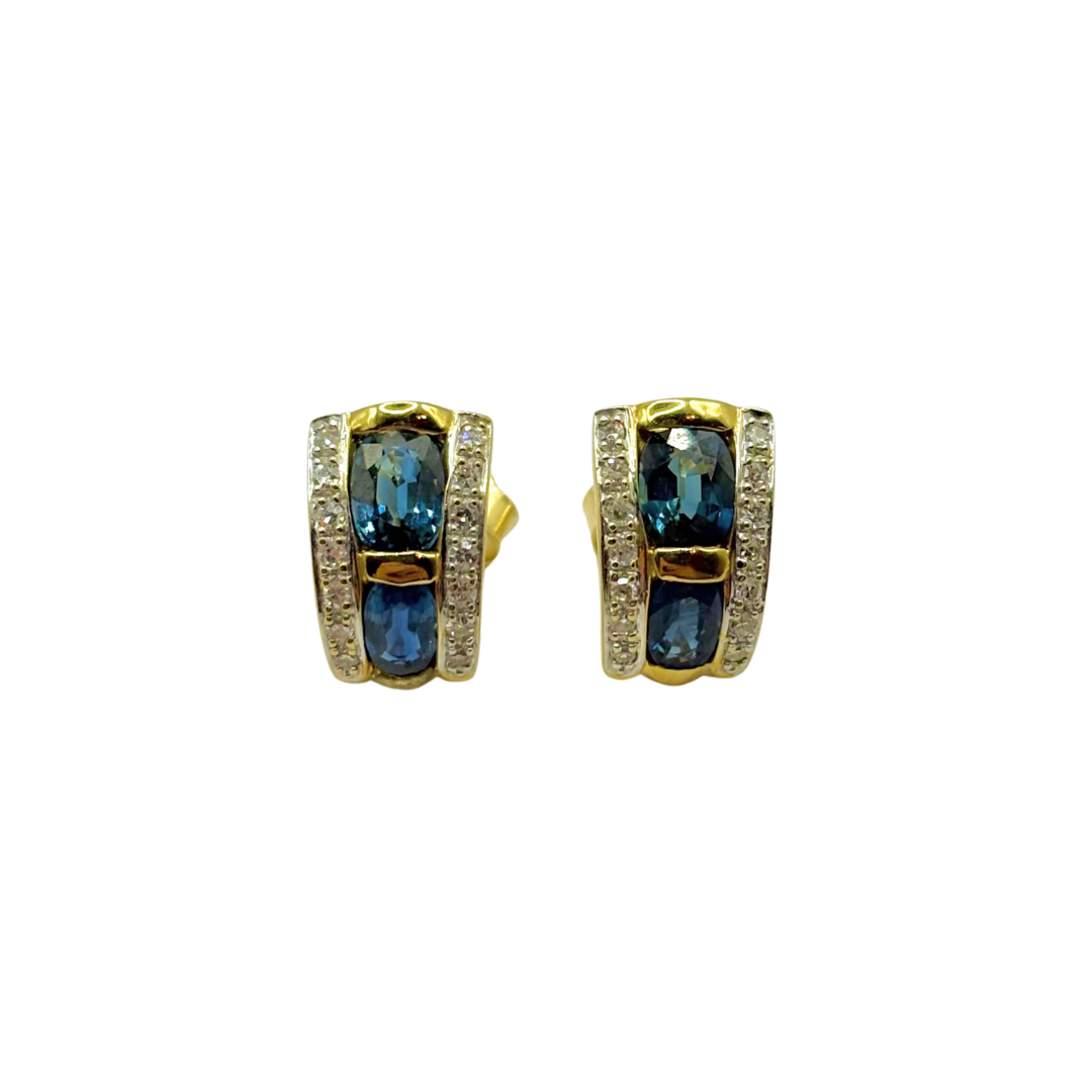 Art Deco Earrings - 750 Yellow Gold Sapphires &amp; Diamonds