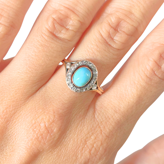 Bague Vintage - Or Jaune 750 Turquoise & Diamants