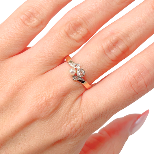Bague Vintage - Or Jaune 750 Perle Naturelle & Diamants