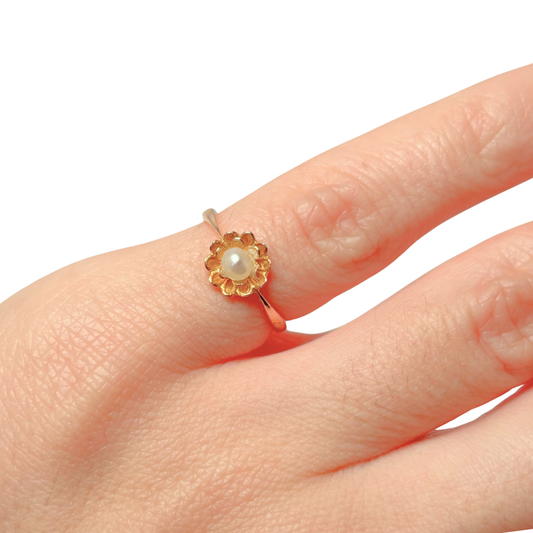 Bague Floral Vintage - Or Jaune 750 & Perle Naturelle