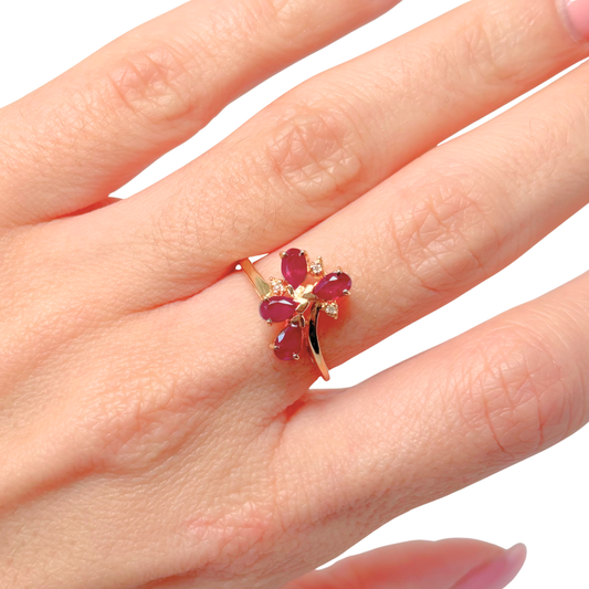 Bague Florale - Or Jaune 750 Rubis & Diamants