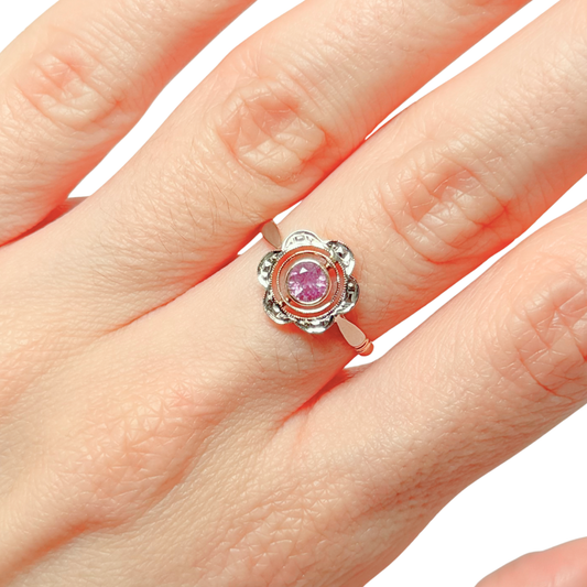 Bague Vintage Art Nouveau - Or Jaune/Blanc 750 & Saphir Rose