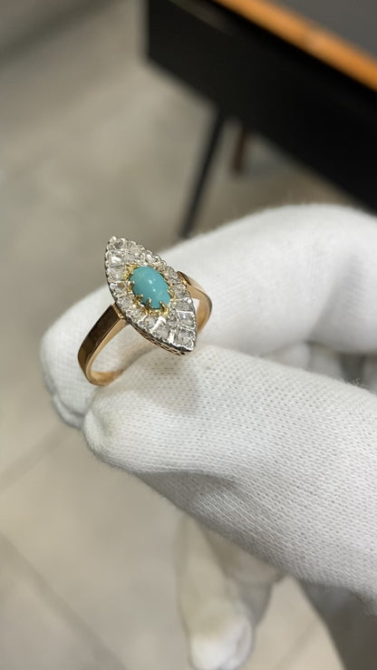 Marquise Art Deco Ring - 750 Gold Turquoise &amp; Diamonds