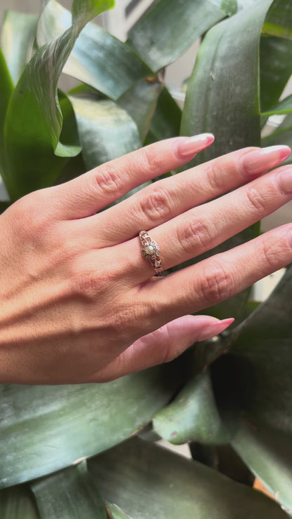 Bague Vintage - Or Rose 750 Perle Naturelle & Diamants