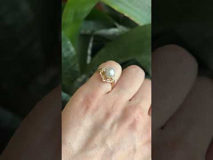 Bague Vintage Florale - Or Jaune 750 Perle & Diamants