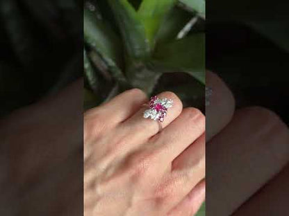 Bague Florale Vintage - Or Blanc 750 Rubis & Diamants