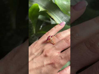 Bague Florale Vintage - Or Jaune 750 Rubis & Diamants
